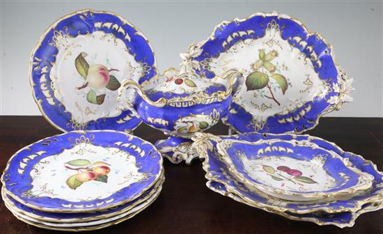An English porcelain eleven piece part dessert service, c.1830, possibly Ridgway, sauce tureen and cover 22.5cm wide
